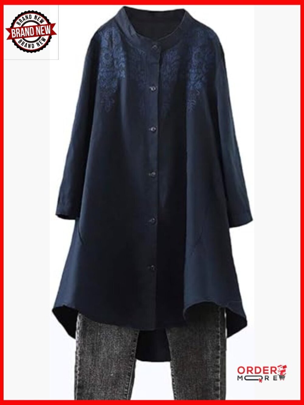 Cotton Linen Embroidered Button Down Blouse High Low Tunic Top Long Sleeve